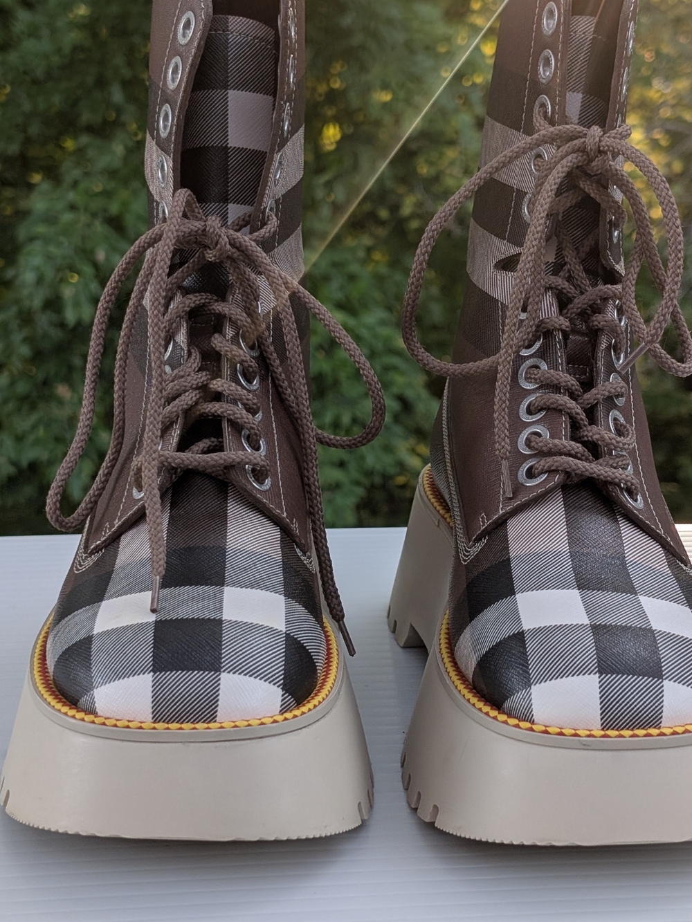 Burberry Mason Check Brown Plaid Lace-Up Platform Boots